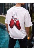 Erkek Kısa Kol Tişört Bisiklet Yaka Boxy Eldiven Baskılı T-Shirt - Beyaz