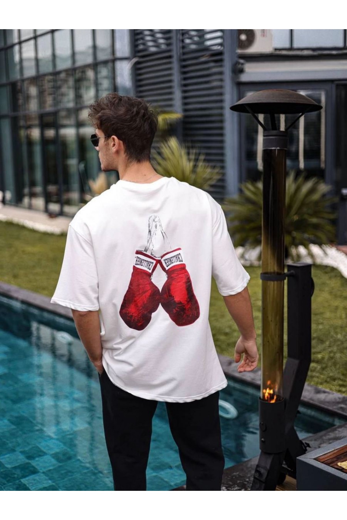 Erkek Kısa Kol Tişört Bisiklet Yaka Boxy Eldiven Baskılı T-Shirt - Beyaz