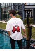 Erkek Kısa Kol Tişört Bisiklet Yaka Boxy Eldiven Baskılı T-Shirt - Beyaz