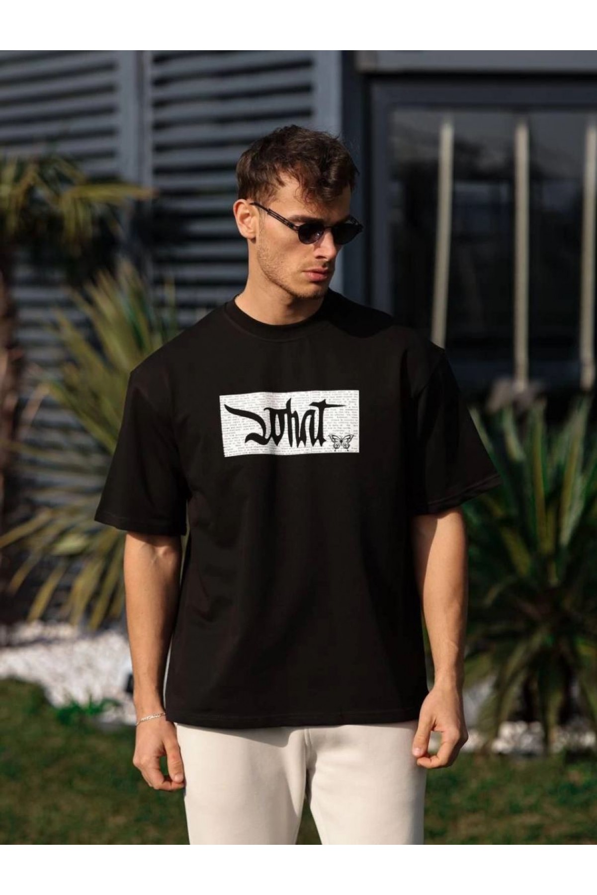 Erkek Kısa Kol Yazlık Tişört Bisiklet Yaka Baskılı Oversize T-Shirt - Siyah