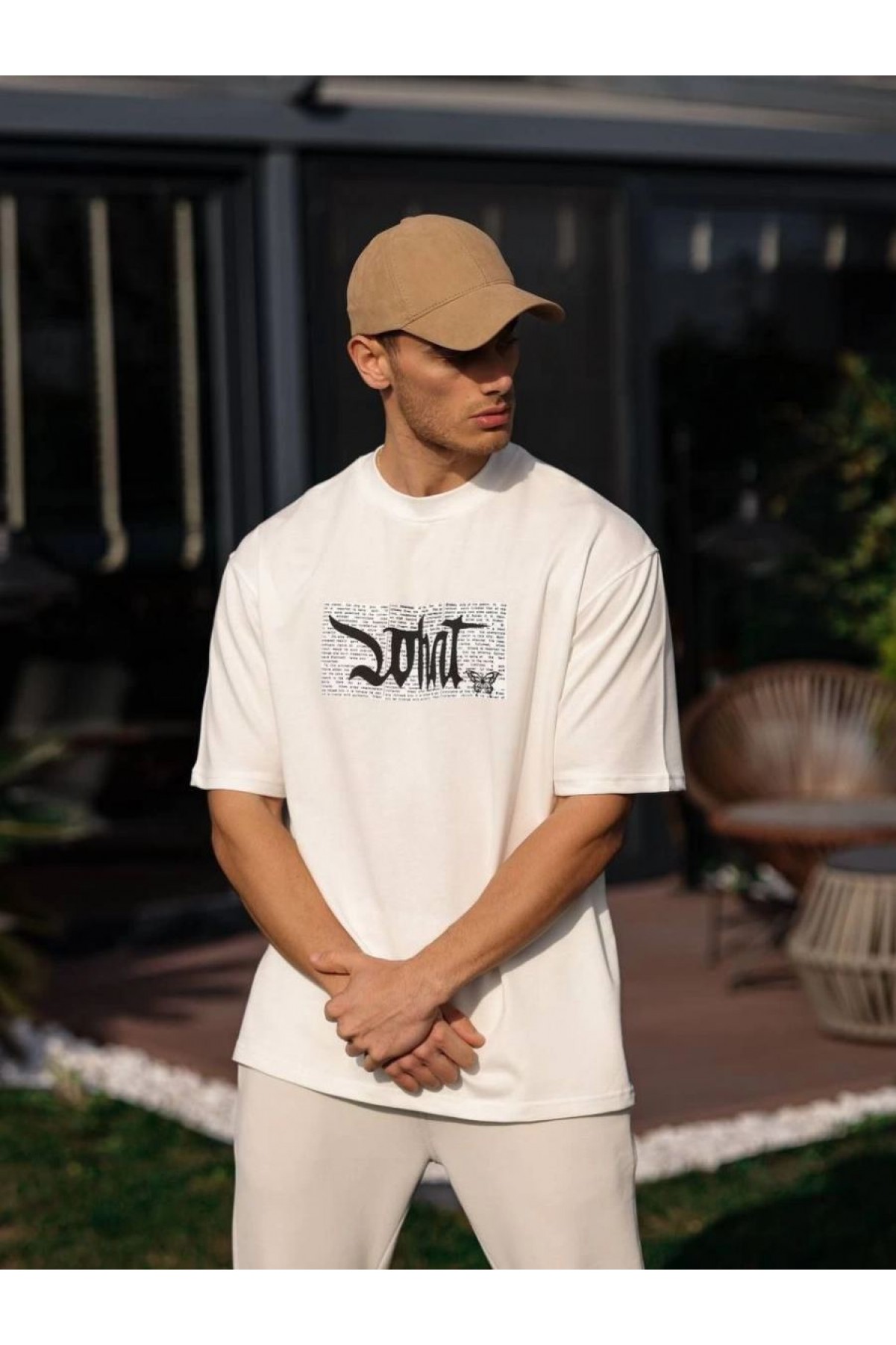Erkek Kısa Kol Yazlık Tişört Bisiklet Yaka Baskılı Oversize T-Shirt - Beyaz