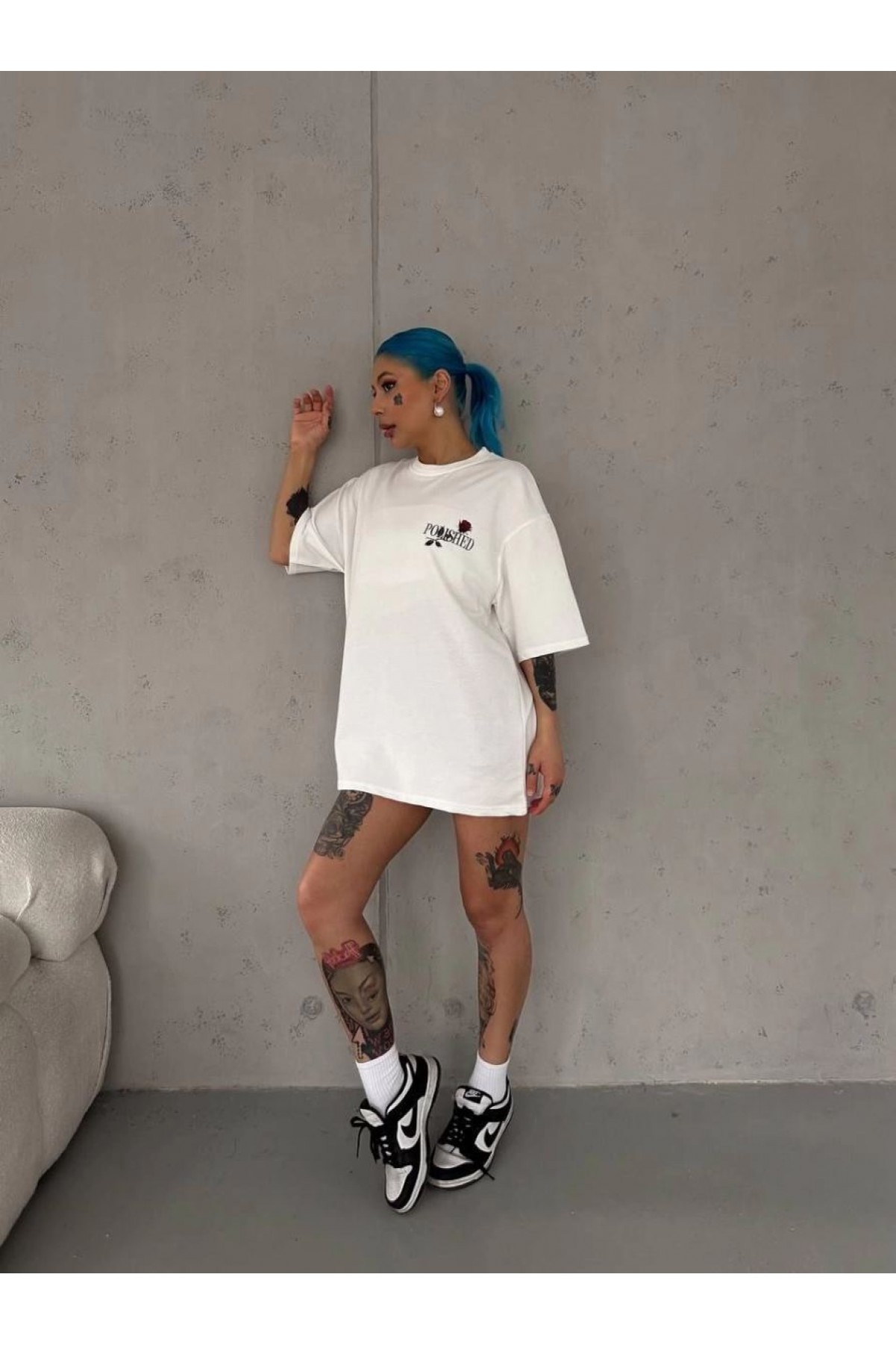 Kadın Bisiklet Yaka Baskılı Kısa kol Oversize T-Shirt - Beyaz