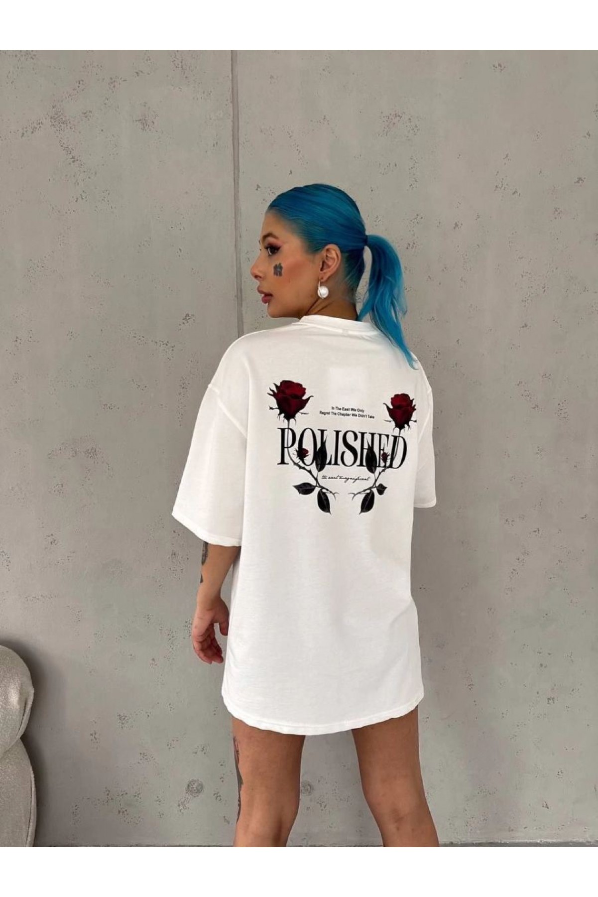 Kadın Bisiklet Yaka Baskılı Kısa kol Oversize T-Shirt - Beyaz