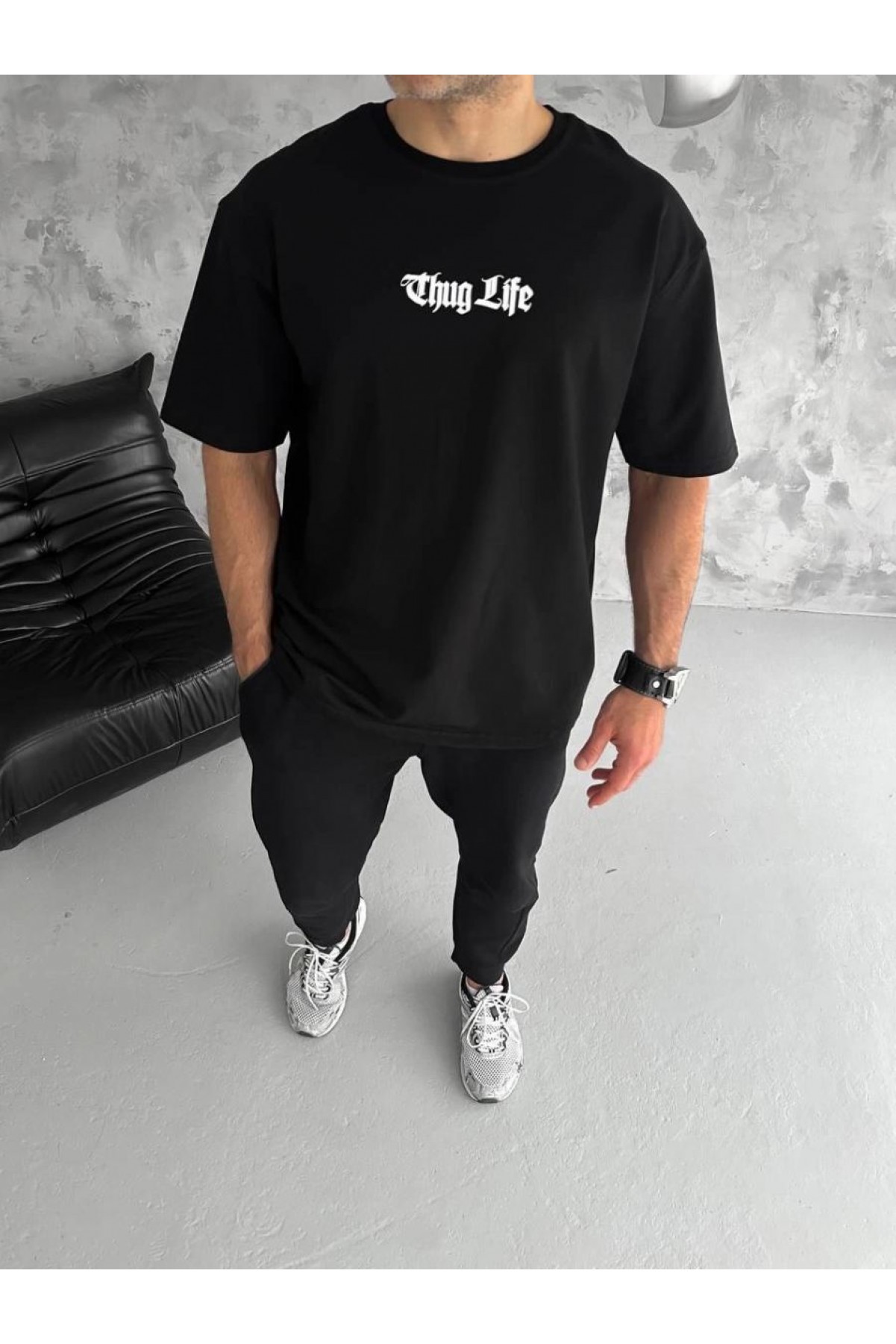 Erkek Kısa Kol Yazlık Tişört Bisiklet Yaka Baskılı Oversize T-Shirt - Siyah