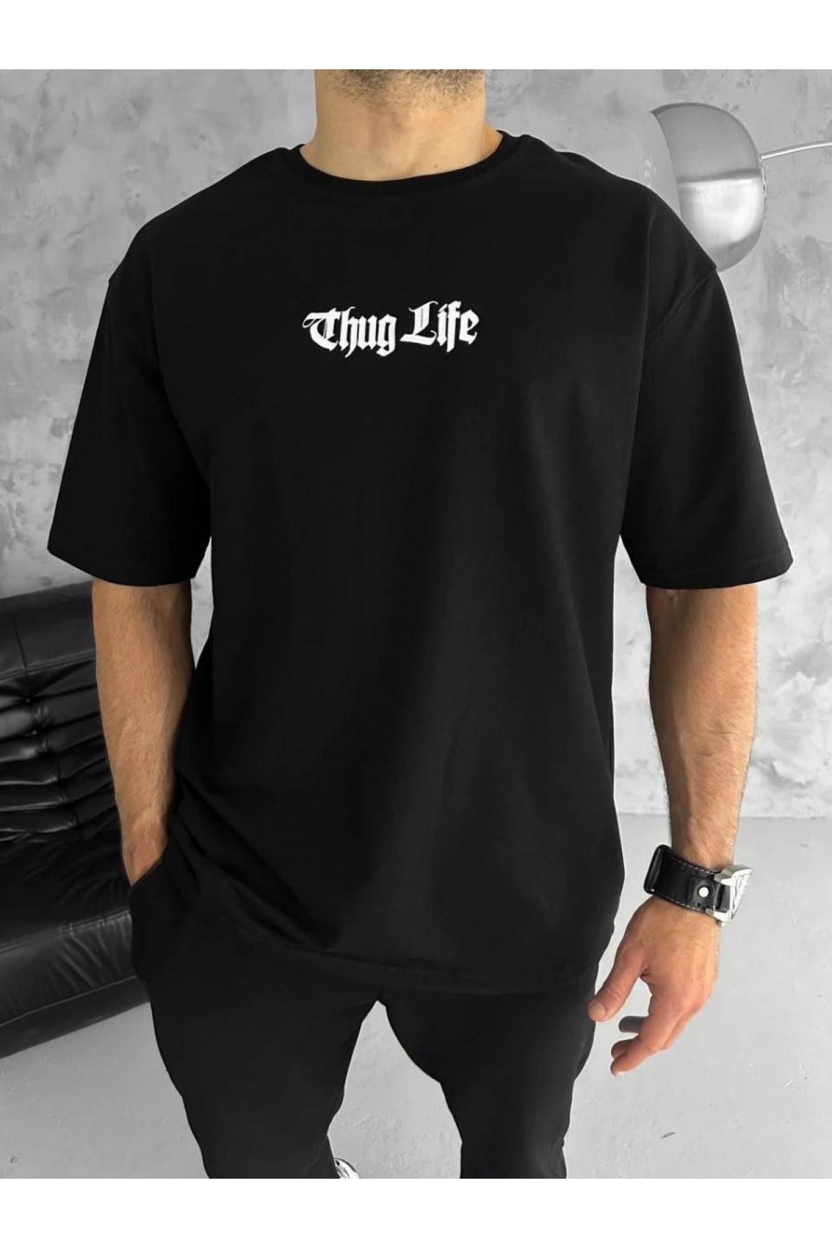 Erkek Kısa Kol Yazlık Tişört Bisiklet Yaka Baskılı Oversize T-Shirt - Siyah