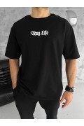 Erkek Kısa Kol Yazlık Tişört Bisiklet Yaka Baskılı Oversize T-Shirt - Siyah