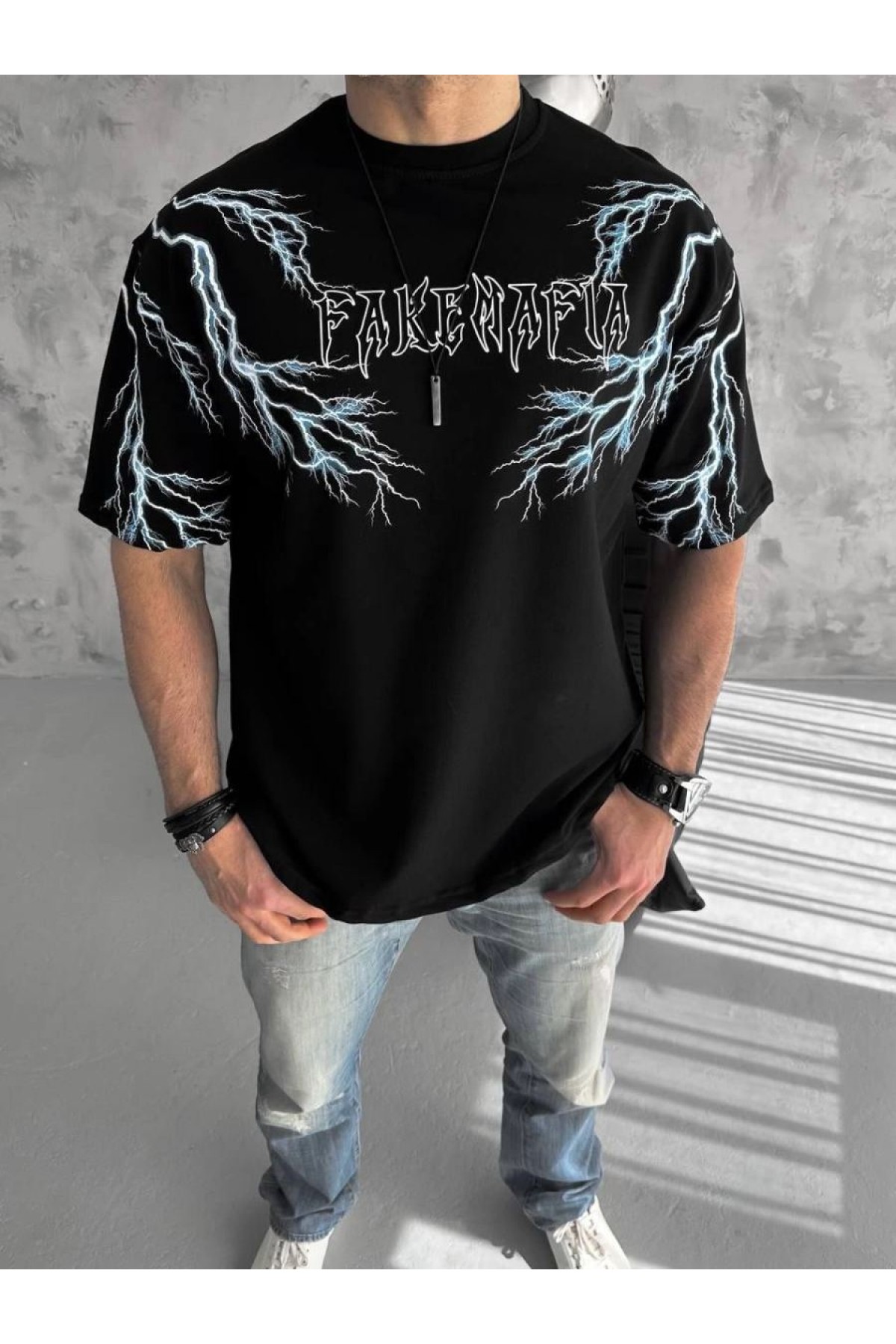 ERKEK Bisiklet Yaka Yıldırım Baskılı  Kısa kol T-Shirt-Siyah