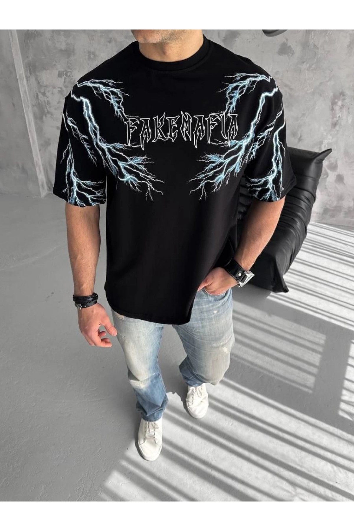 ERKEK Bisiklet Yaka Yıldırım Baskılı  Kısa kol T-Shirt-Siyah