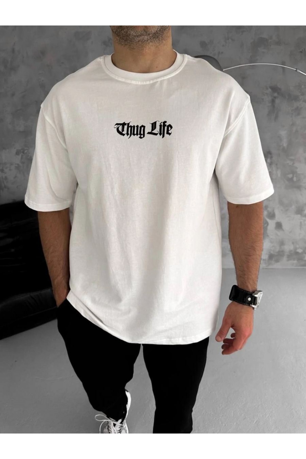 Erkek Kısa Kol Yazlık Tişört Bisiklet Yaka Baskılı Oversize T-Shirt - Beyaz