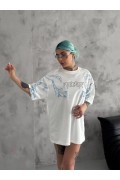 Kadın Bisiklet Yaka Yıldırım Baskılı Kısa kol  T-Shirt - Beyaz