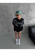 Kadın Bisiklet Yaka Yıldırım Baskılı  Kısa kol Oversize T-Shirt - Siyah