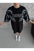 Kadın Bisiklet Yaka Yıldırım Baskılı  Kısa kol Oversize T-Shirt - Siyah