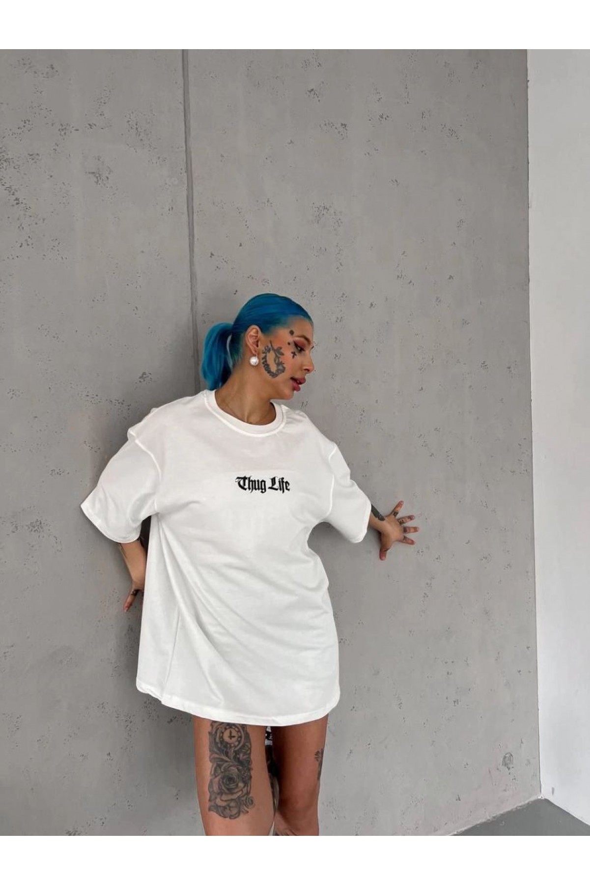 Kadın Kısa Kol Yazlık Tişört Bisiklet Yaka Baskılı Oversize T-Shirt - Beyaz