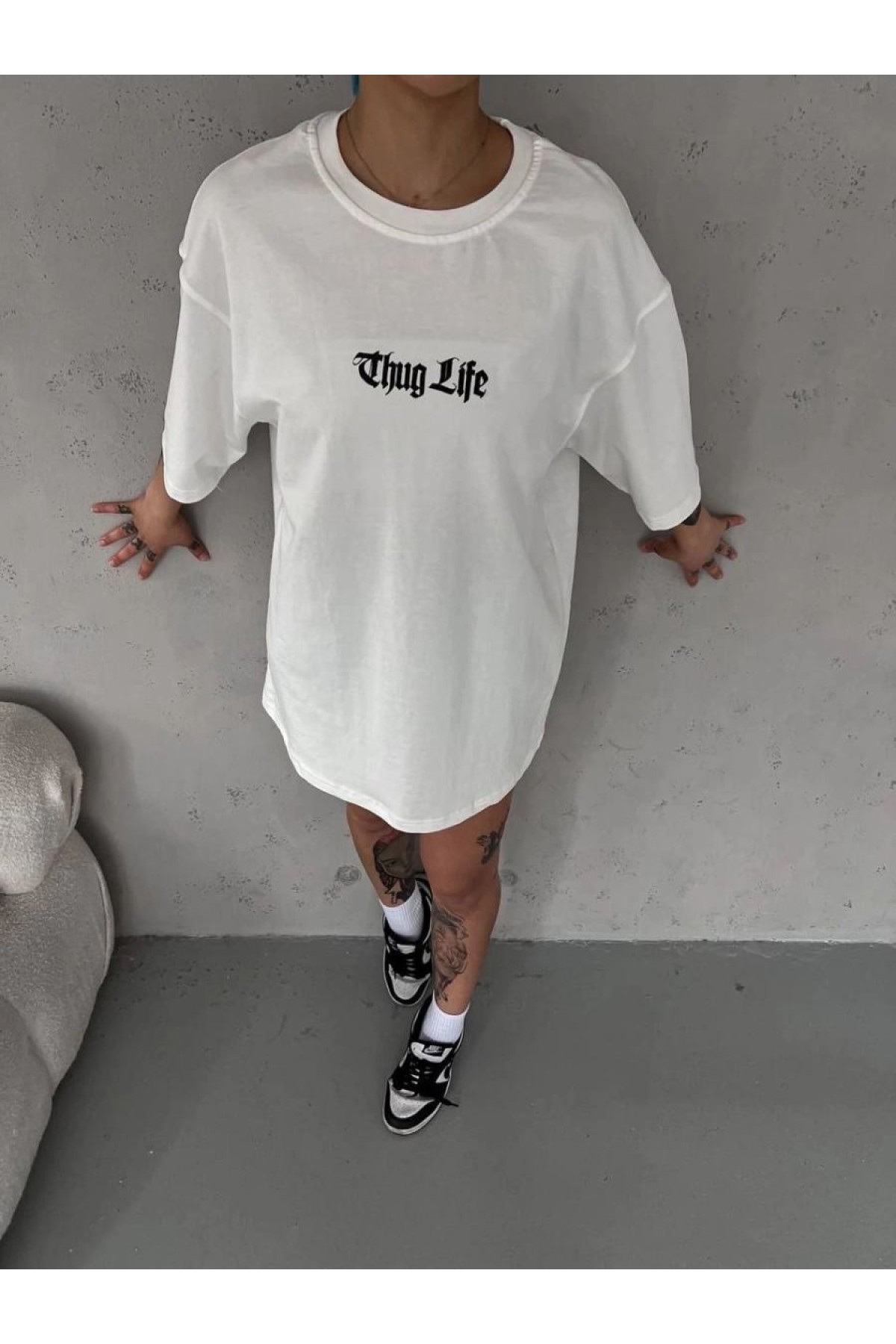 Kadın Kısa Kol Yazlık Tişört Bisiklet Yaka Baskılı Oversize T-Shirt - Beyaz