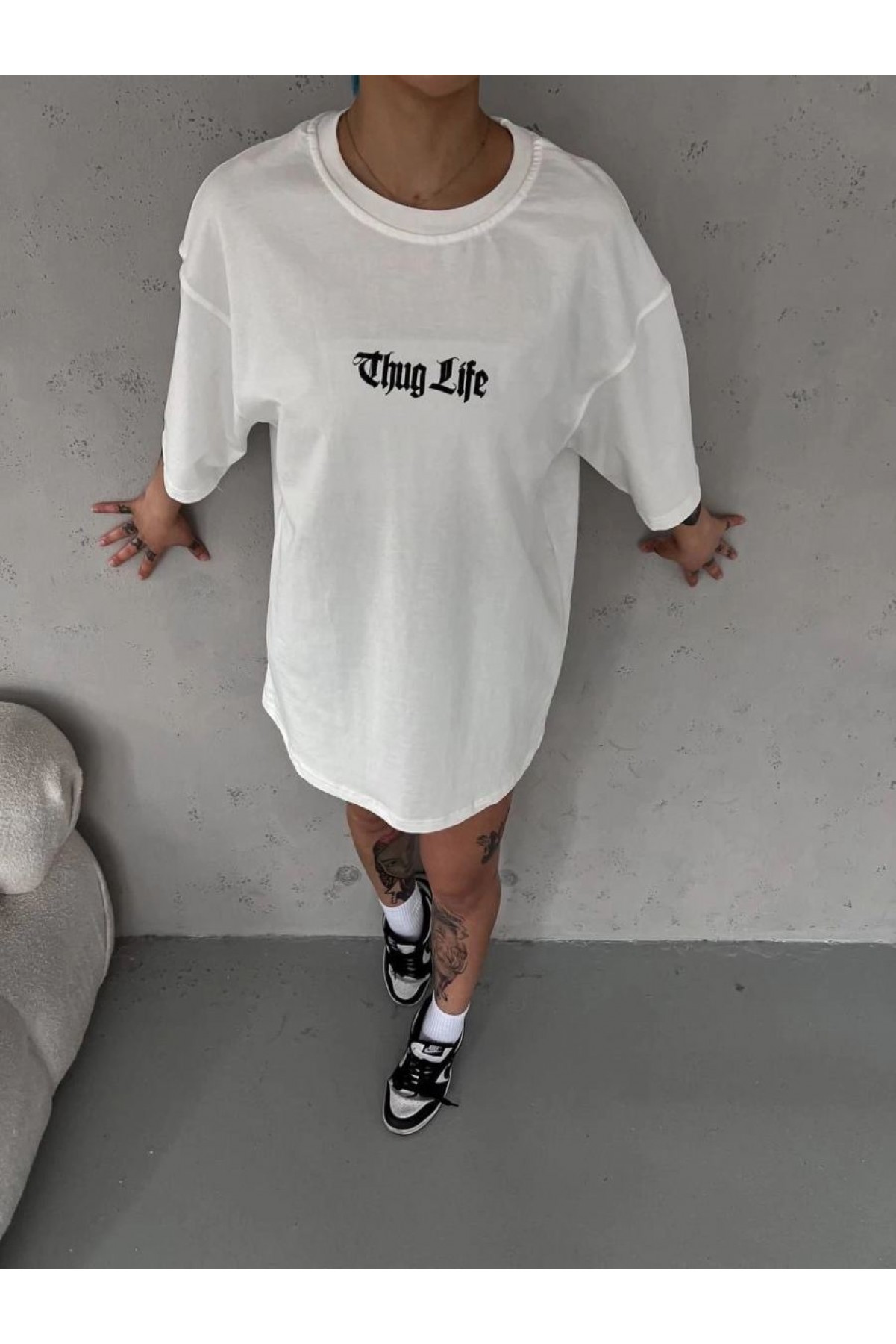 Kadın Kısa Kol Yazlık Tişört Bisiklet Yaka Baskılı Oversize T-Shirt - Beyaz