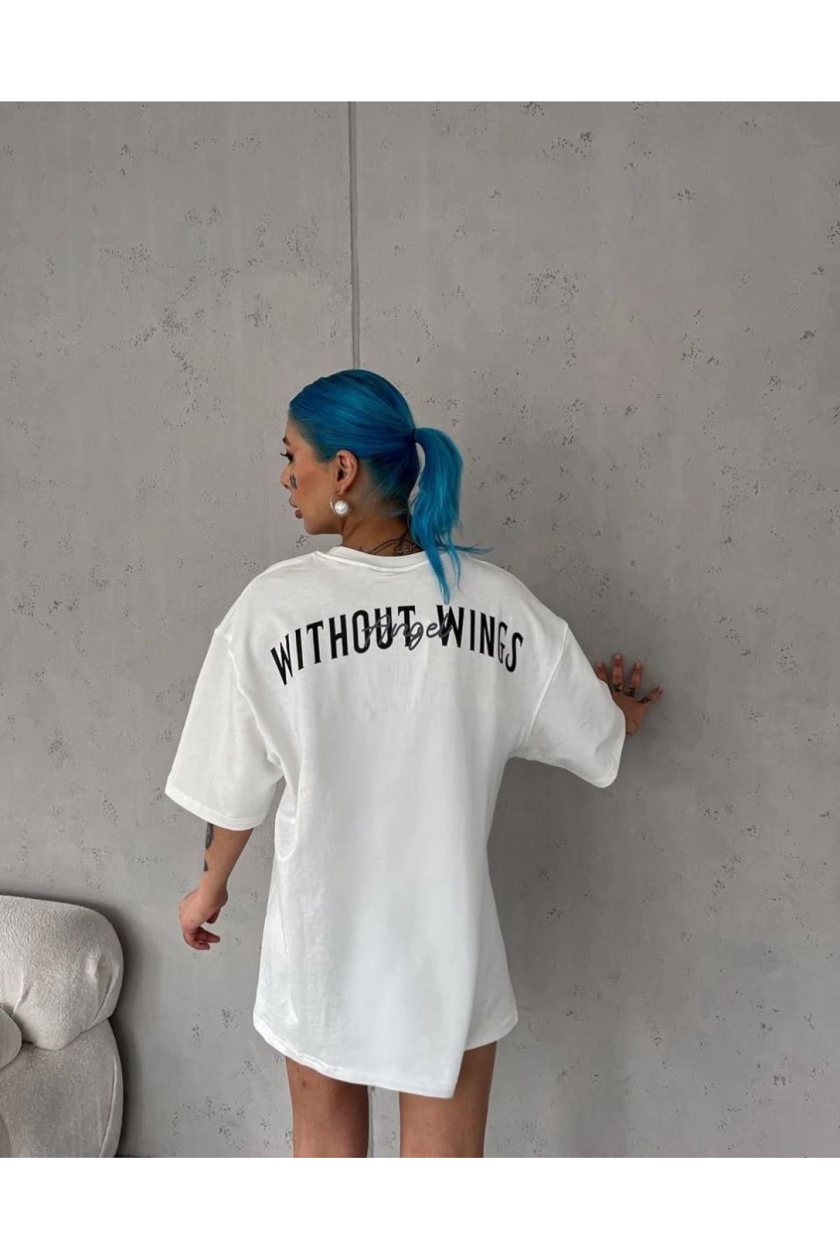 Kadın Kısa Kol Yazlık Tişört Bisiklet Yaka Baskılı Oversize T-Shirt - Beyaz