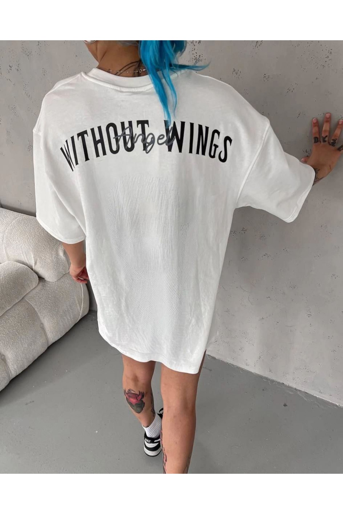 Kadın Kısa Kol Yazlık Tişört Bisiklet Yaka Baskılı Oversize T-Shirt - Beyaz