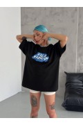 Kadın Kısa Kol Yazlık Tişört Bisiklet Yaka Baskılı Oversize T-Shirt - Siyah