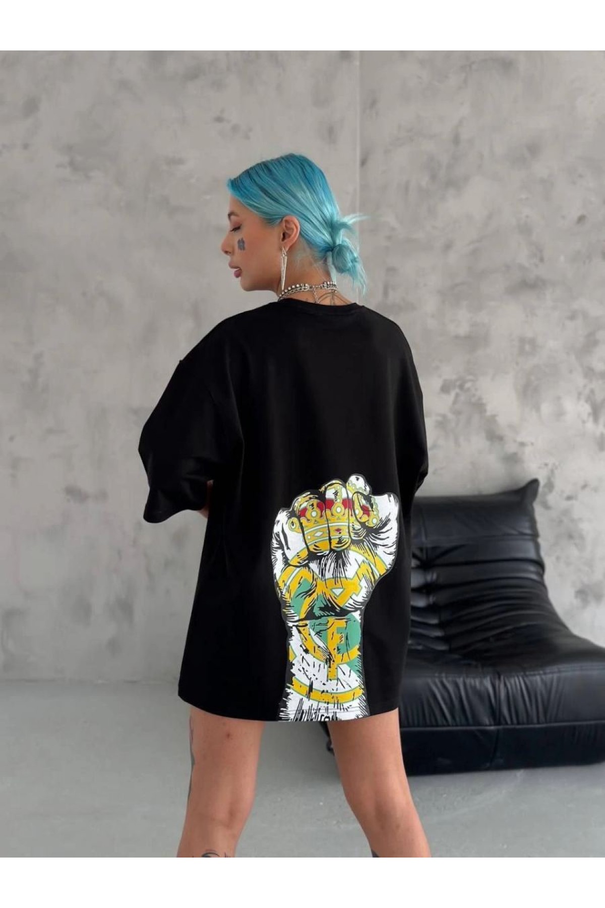 Kadın Kısa Kol Yazlık Tişört Bisiklet Yaka Baskılı Oversize T-Shirt - Siyah