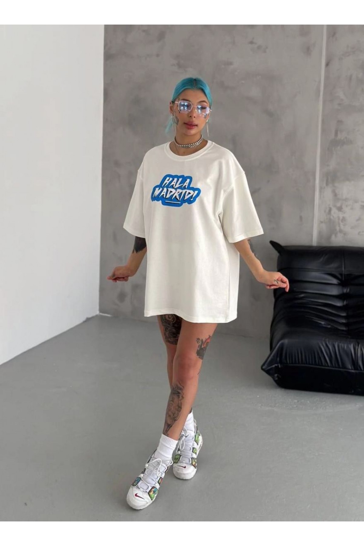 Kadın Kısa Kol Yazlık Tişört Bisiklet Yaka Baskılı Oversize T-Shirt - Beyaz