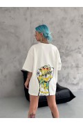Kadın Kısa Kol Yazlık Tişört Bisiklet Yaka Baskılı Oversize T-Shirt - Beyaz