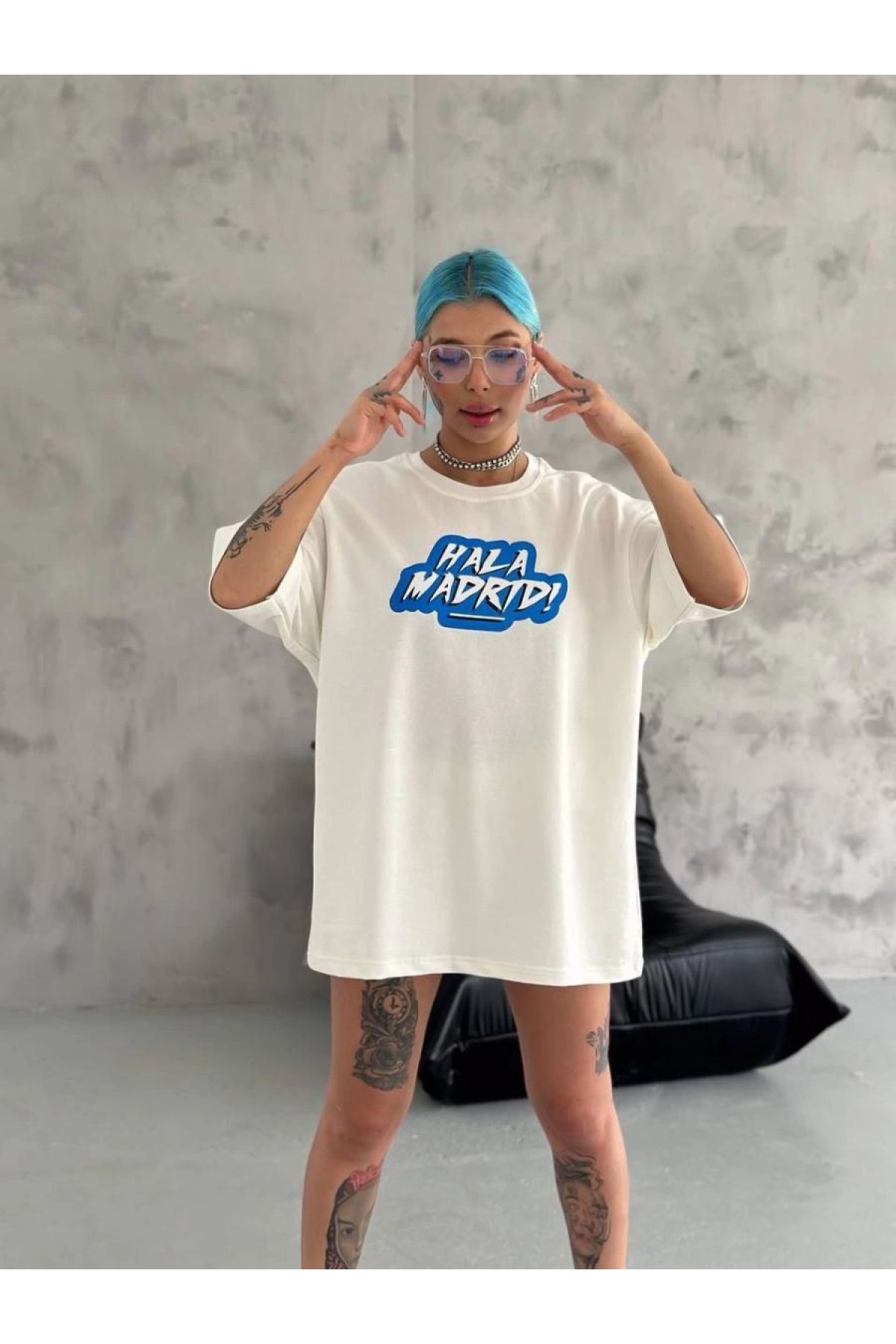 Kadın Kısa Kol Yazlık Tişört Bisiklet Yaka Baskılı Oversize T-Shirt - Beyaz