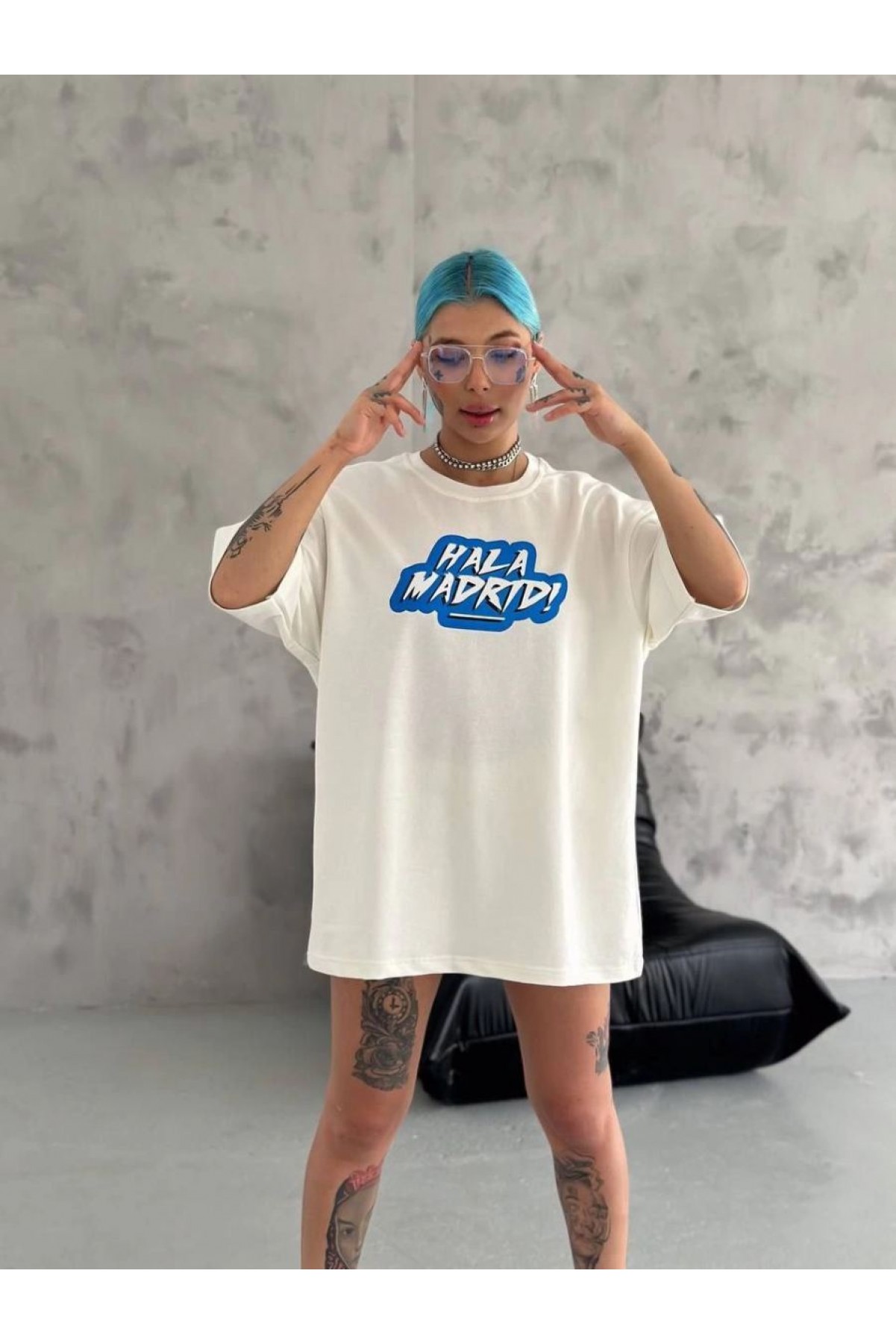 Kadın Kısa Kol Yazlık Tişört Bisiklet Yaka Baskılı Oversize T-Shirt - Beyaz