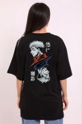 Kadın Kısa Kol Yazlık Tişört Bisiklet Yaka Baskılı Oversize T-Shirt - Siyah