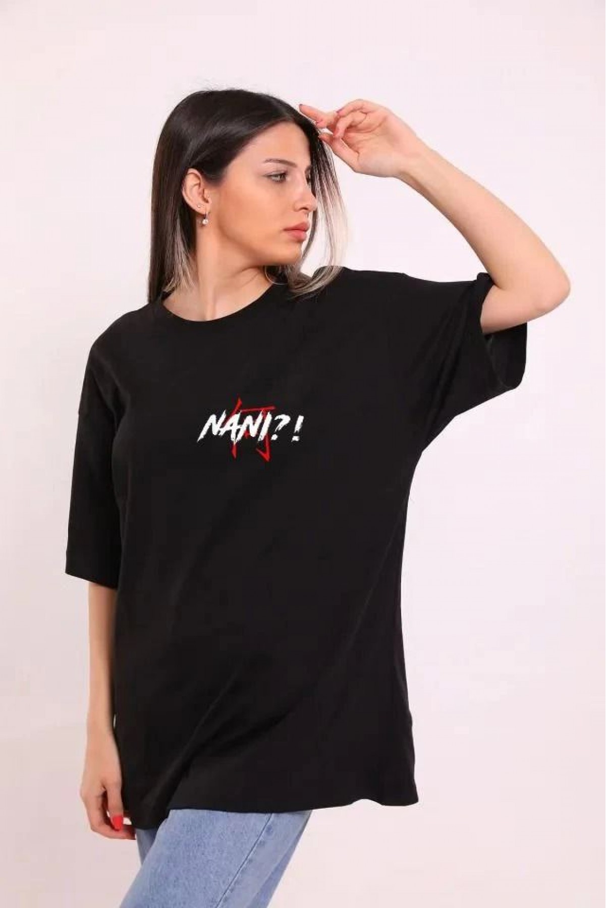 Kadın Kısa Kol Yazlık Tişört Bisiklet Yaka Baskılı Oversize T-Shirt - Siyah