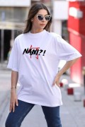 Kadın Baskılı T-Shirt Kısa Kol Bisiklet Yaka Oversize Rahat Kalıp Günlük Tişört - Beyaz