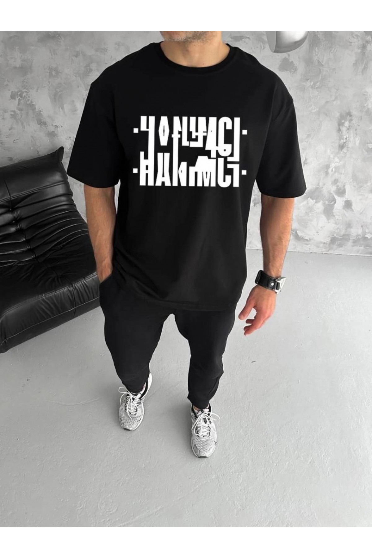 Erkek Tişört Kısa Kol Bisiklet Yaka Katlanan HANIMCI Baskılı T-Shirt - Siyah