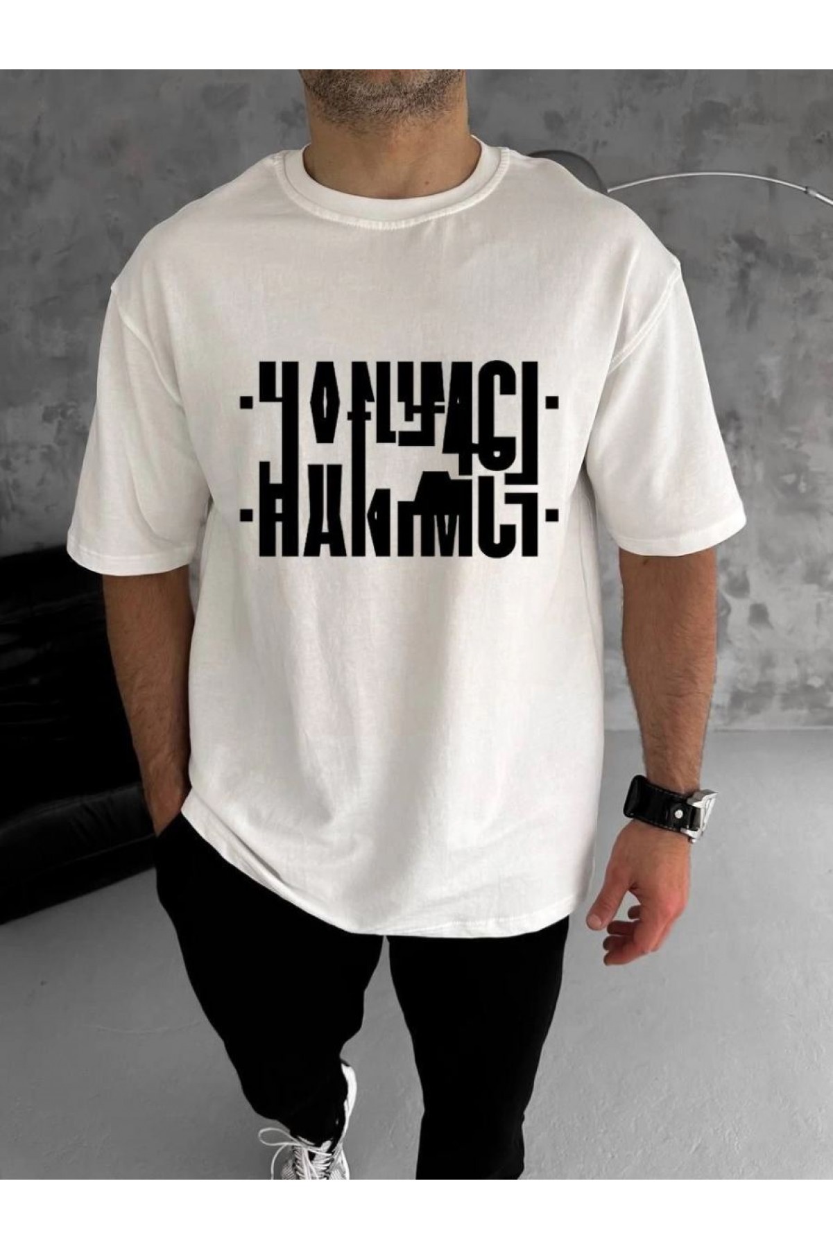 Erkek Tişört Kısa Kol Bisiklet Yaka Katlanan HANIMCI Baskılı T-Shirt - Beyaz