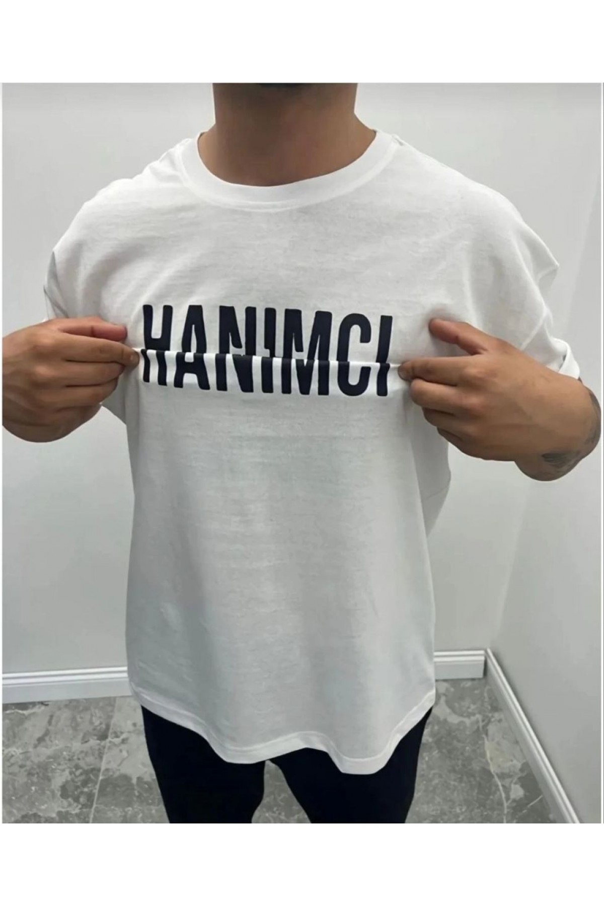 Erkek Tişört Kısa Kol Bisiklet Yaka Katlanan HANIMCI Baskılı T-Shirt - Beyaz