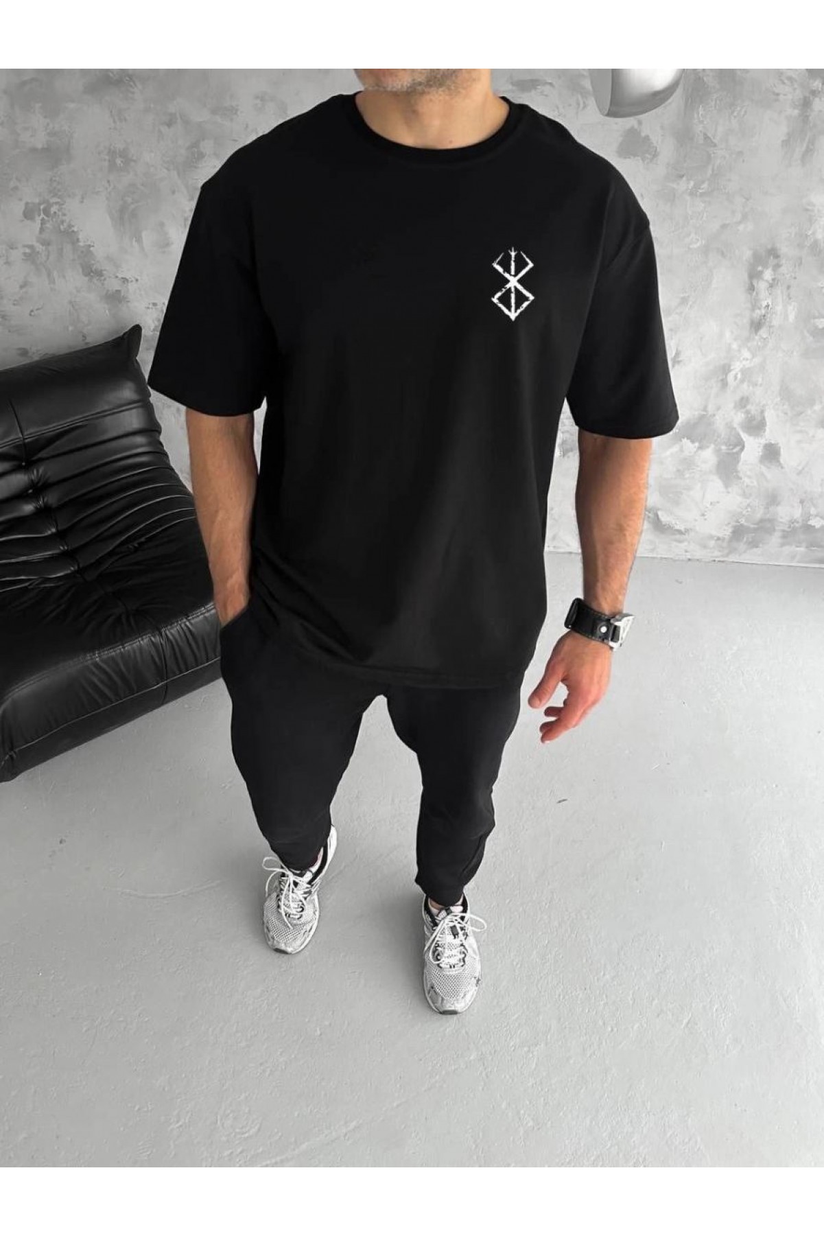 Erkek Kısa Kol Yazlık Tişört Bisiklet Yaka Baskılı Oversize T-Shirt - Siyah