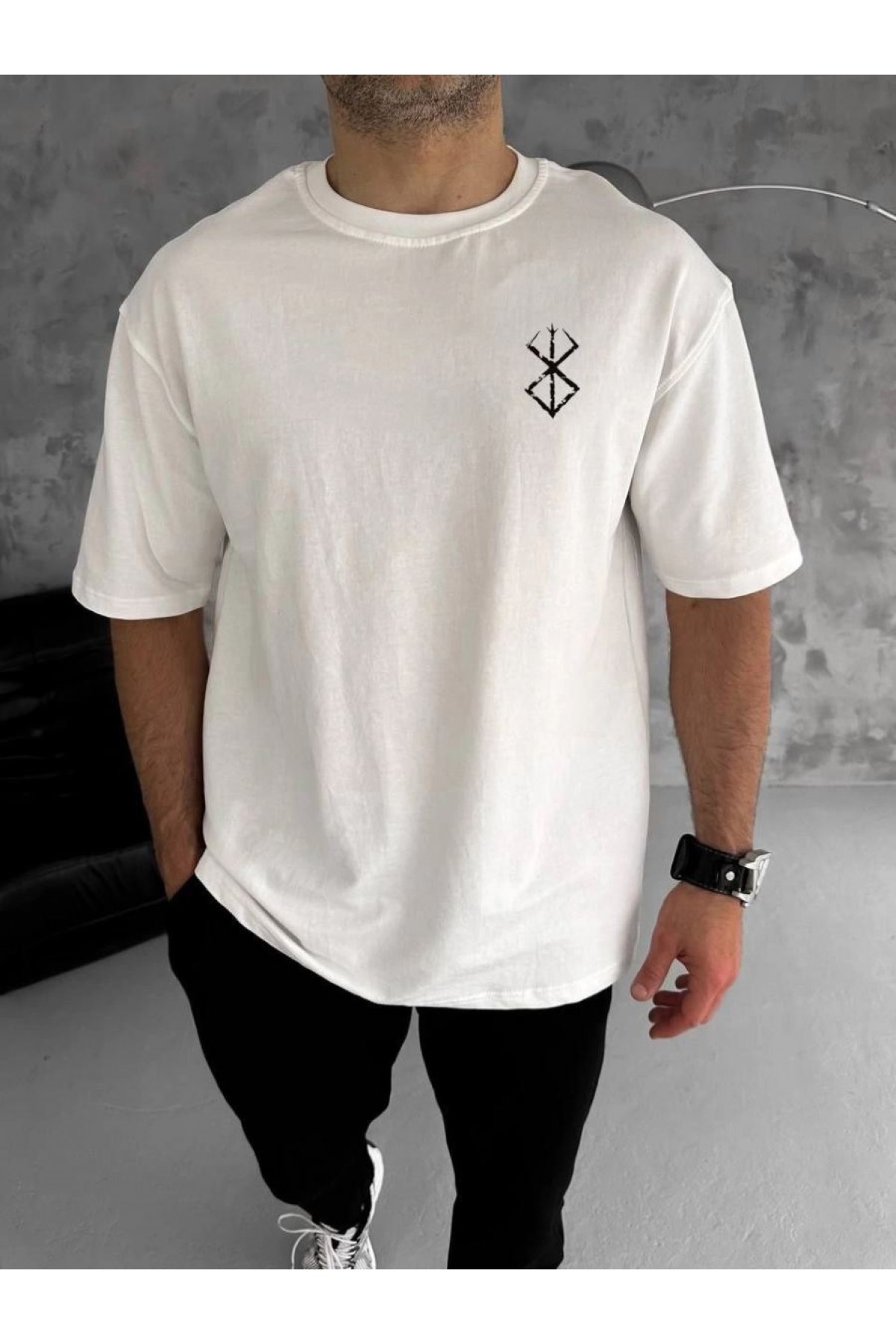 Erkek Kısa Kol Yazlık Tişört Bisiklet Yaka Baskılı Oversize T-Shirt - Beyaz