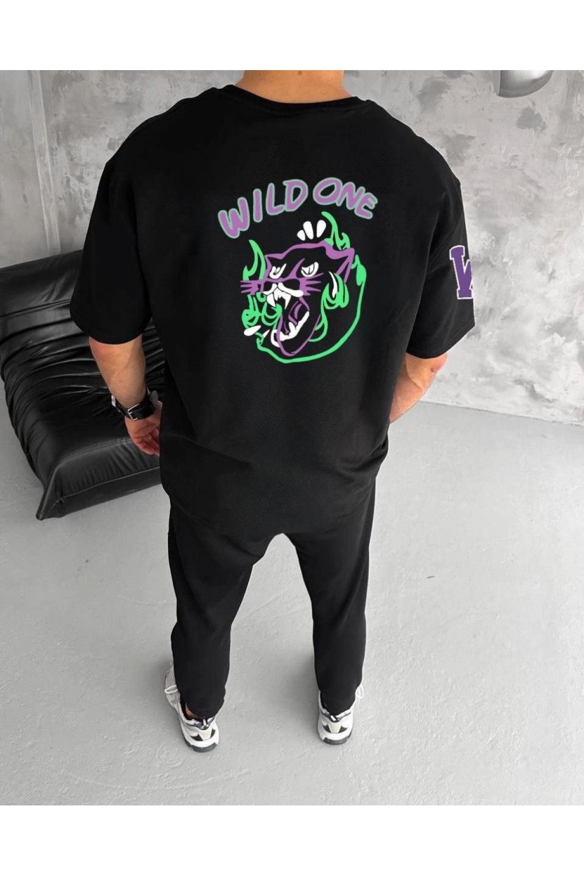 Erkek Kısa Kol Tişört Bisiklet Yaka W Wildone Baskılı T-Shirt - Siyah