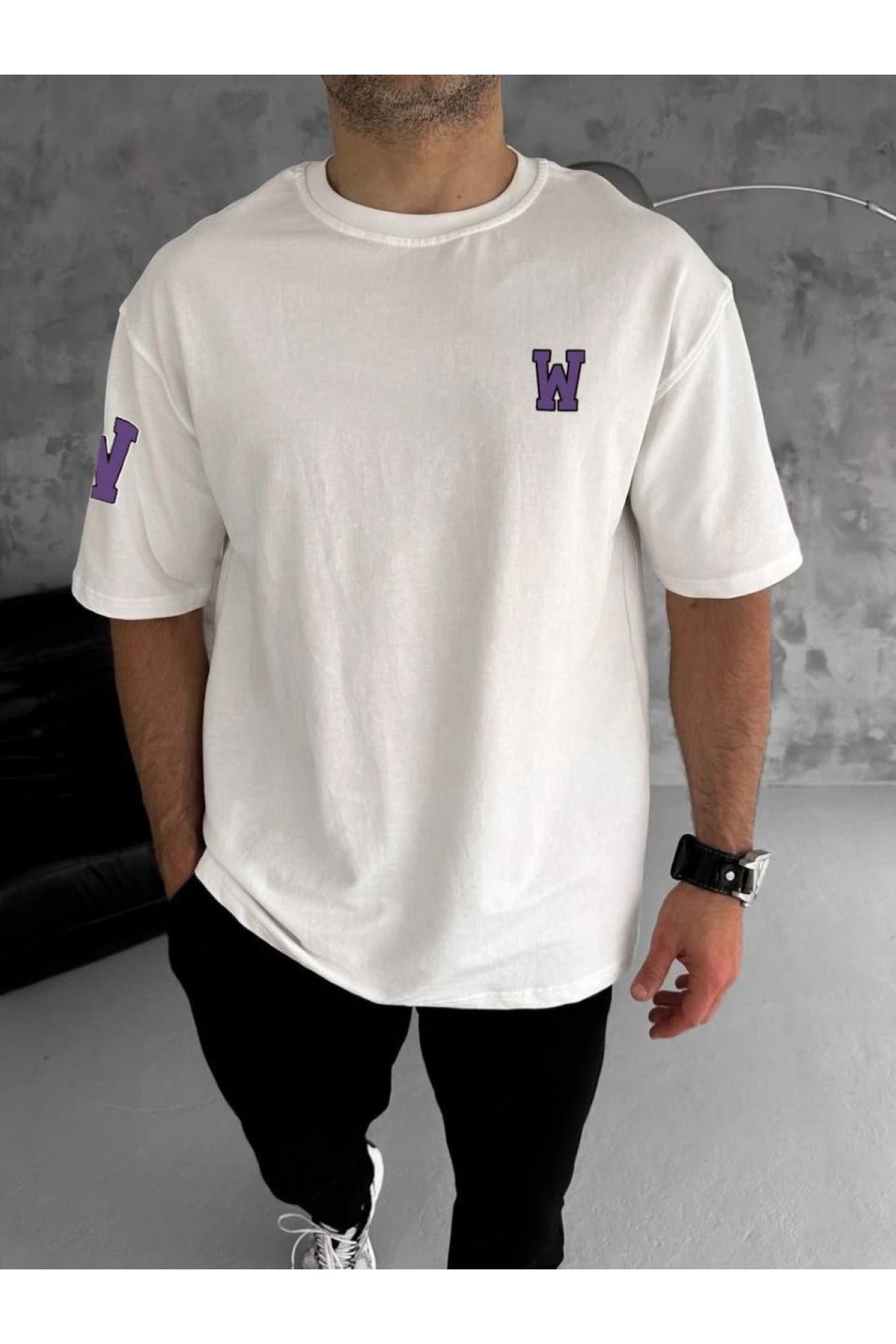 Erkek Kısa Kol Tişört Bisiklet Yaka W Wildone Baskılı T-Shirt - Beyaz