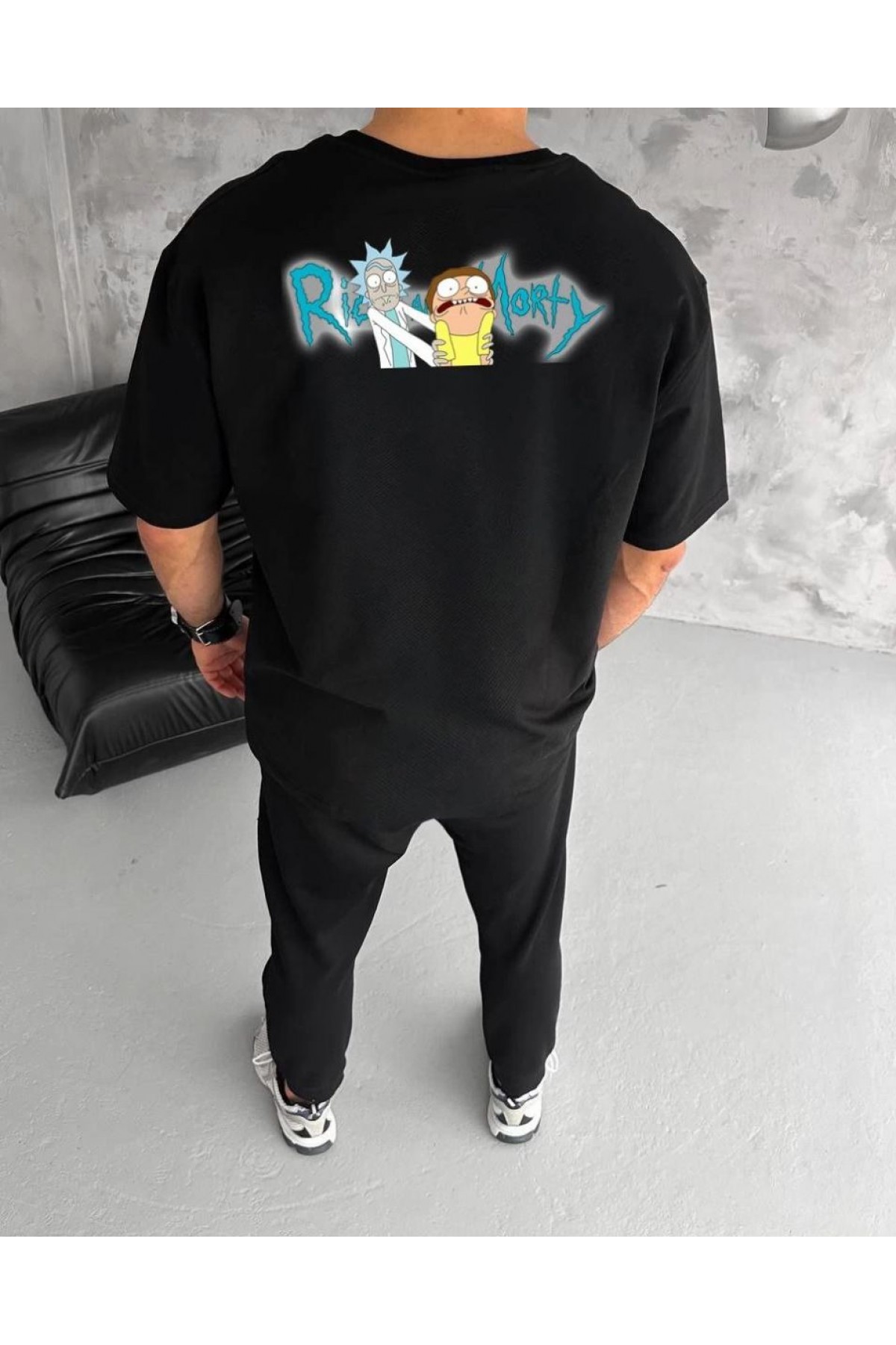 Erkek Kısa Kol Tişört Bisiklet Yaka RİCK AND MORTY Baskılı T-Shirt - Siyah
