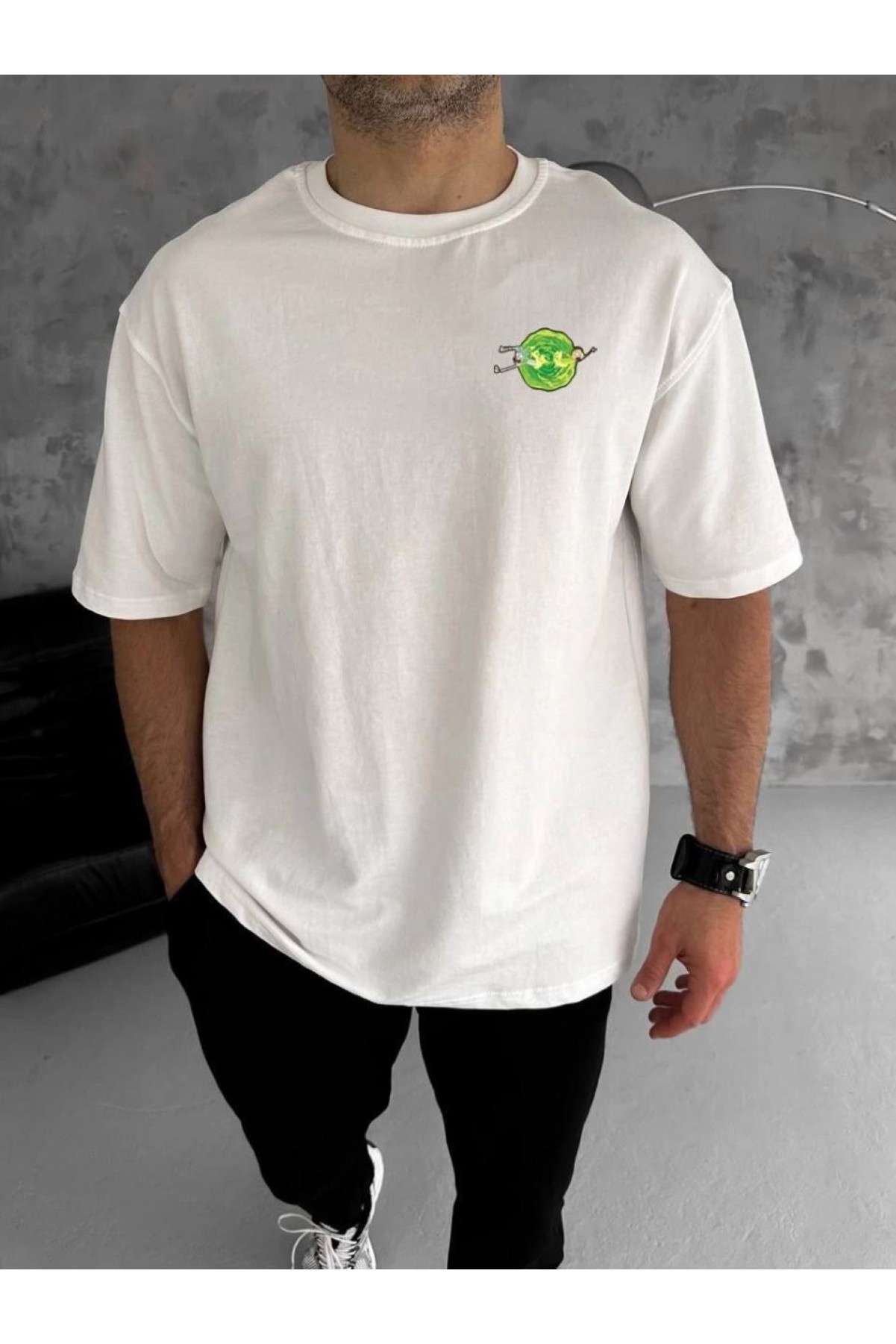 Erkek Kısa Kol Tişört Bisiklet Yaka RİCK AND MORTY Baskılı T-Shirt - Beyaz