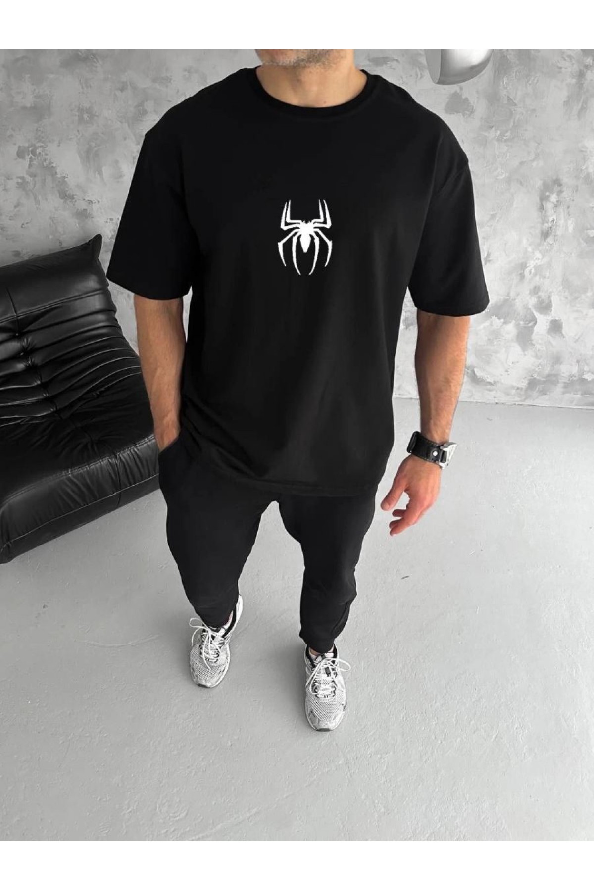 Erkek Kısa Kol Tişört Bisiklet Yaka ÖRÜMCEK Baskılı Oversize T-Shirt - Siyah