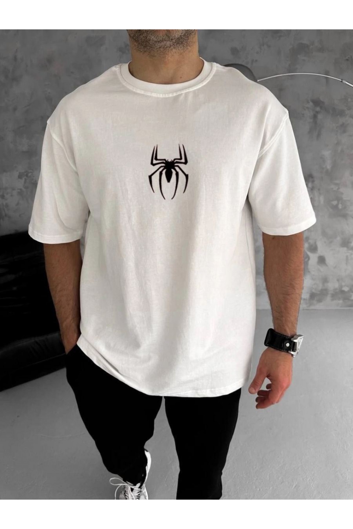 Erkek Kısa Kol Tişört Bisiklet Yaka ÖRÜMCEK Baskılı Oversize T-Shirt - Beyaz