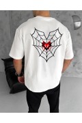 Erkek Kısa Kol Tişört Bisiklet Yaka ÖRÜMCEK Baskılı Oversize T-Shirt - Beyaz