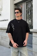 Erkek Kısa Kol Tişört Bisiklet Yaka Yıldırım Baskılı Oversize T-Shirt - Siyah