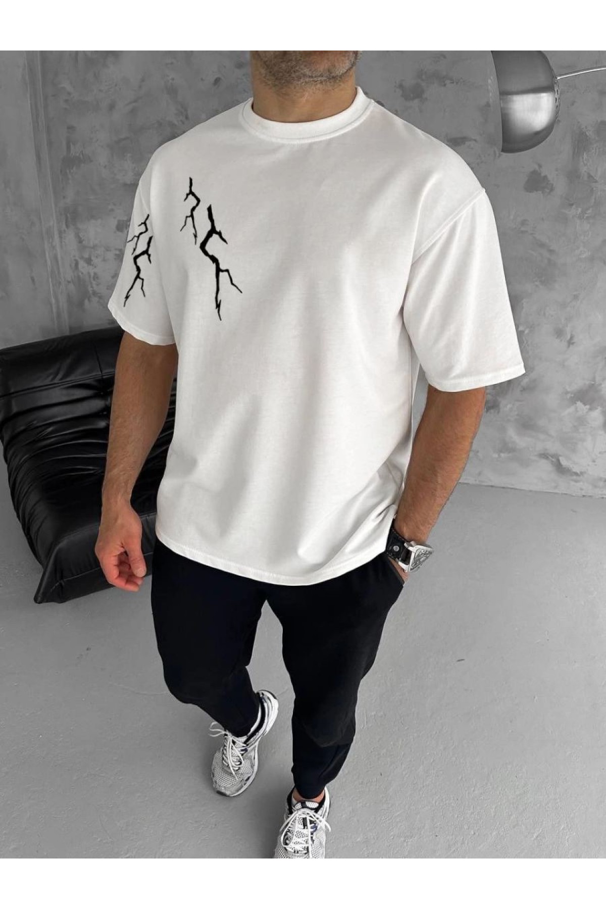 Erkek Kısa Kol Tişört Bisiklet Yaka Yıldırım Baskılı Oversize T-Shirt - Beyaz