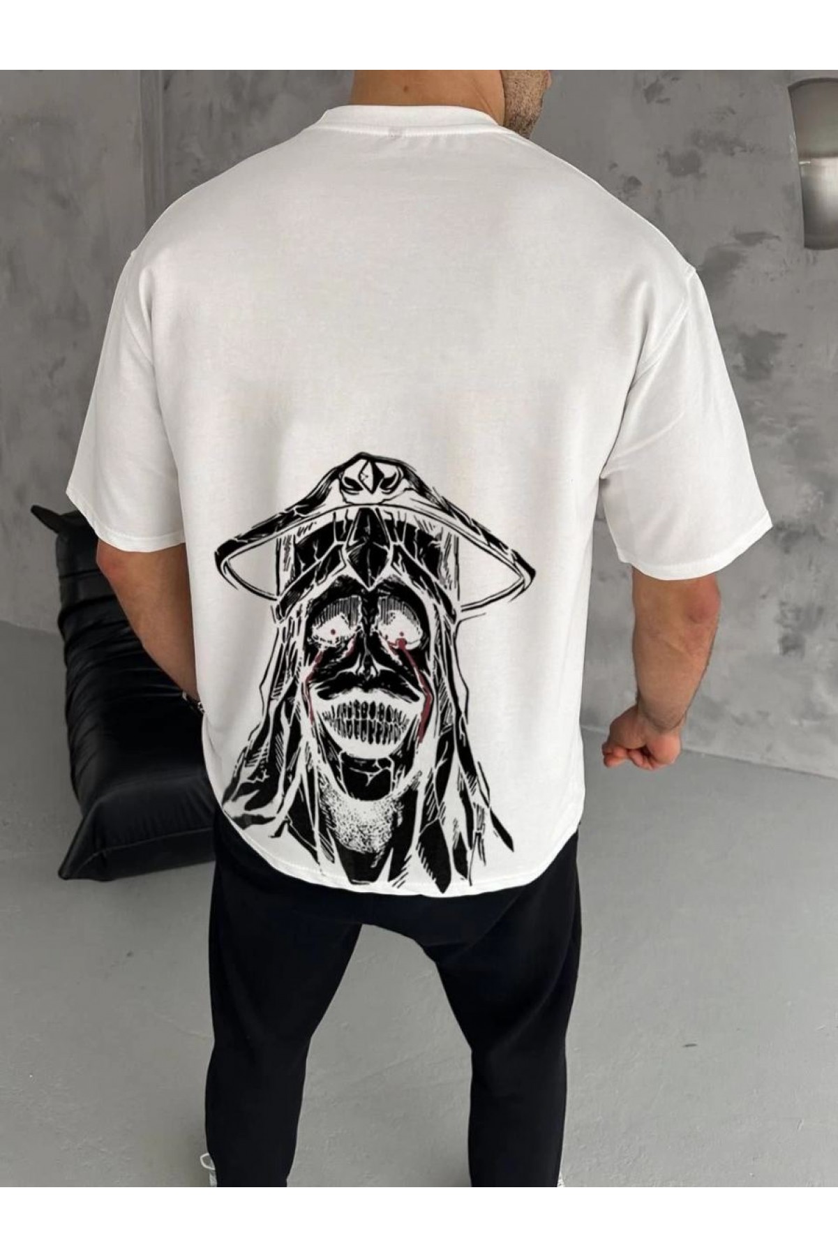 Erkek Kısa Kol Tişört Bisiklet Yaka Yıldırım Baskılı Oversize T-Shirt - Beyaz