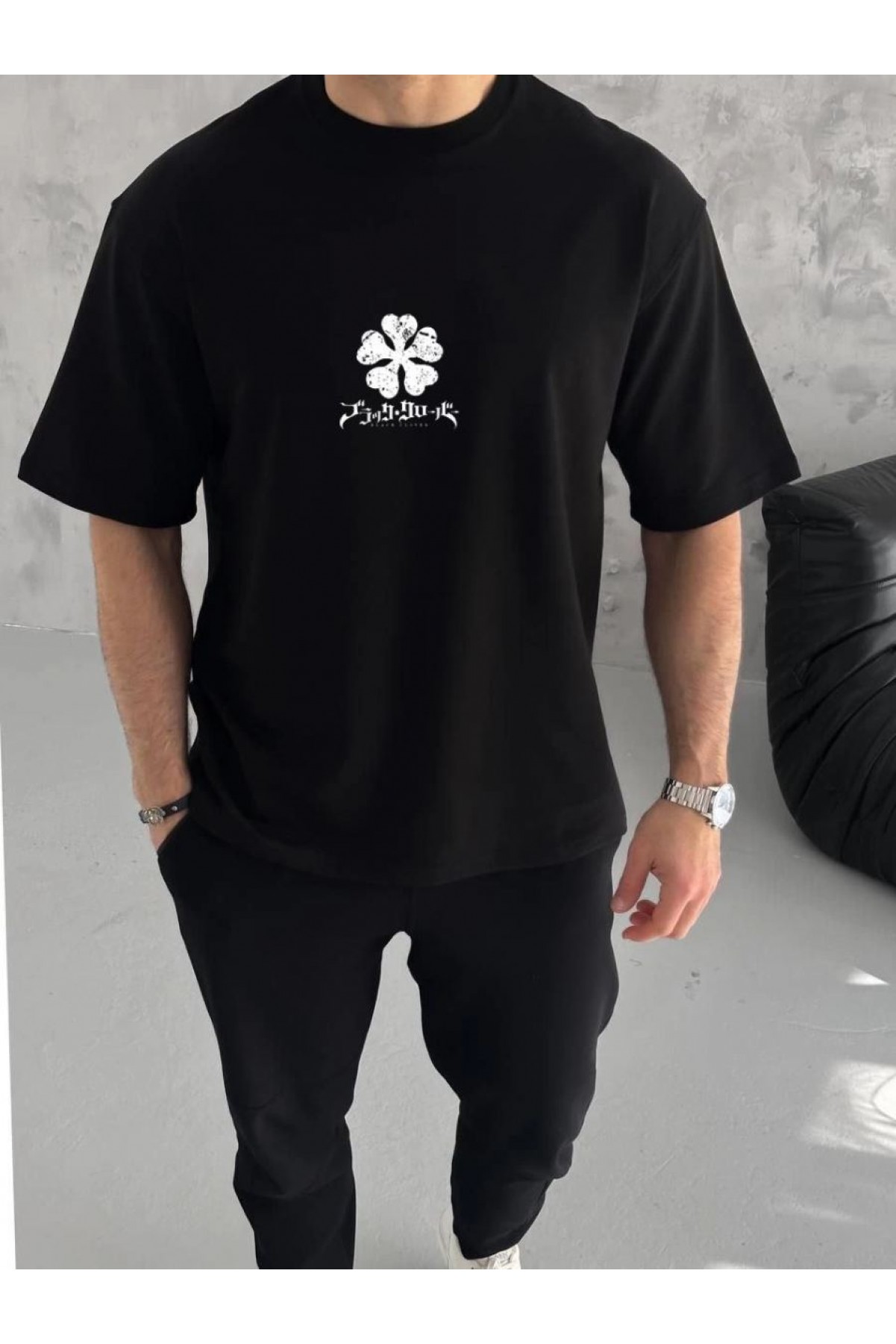 Erkek Kısa Kol Tişört Bisiklet Yaka YONCA Baskılı Oversize T-Shirt - Siyah