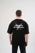 Erkek Kısa Kol Tişört Bisiklet Yaka YONCA Baskılı Oversize T-Shirt - Siyah