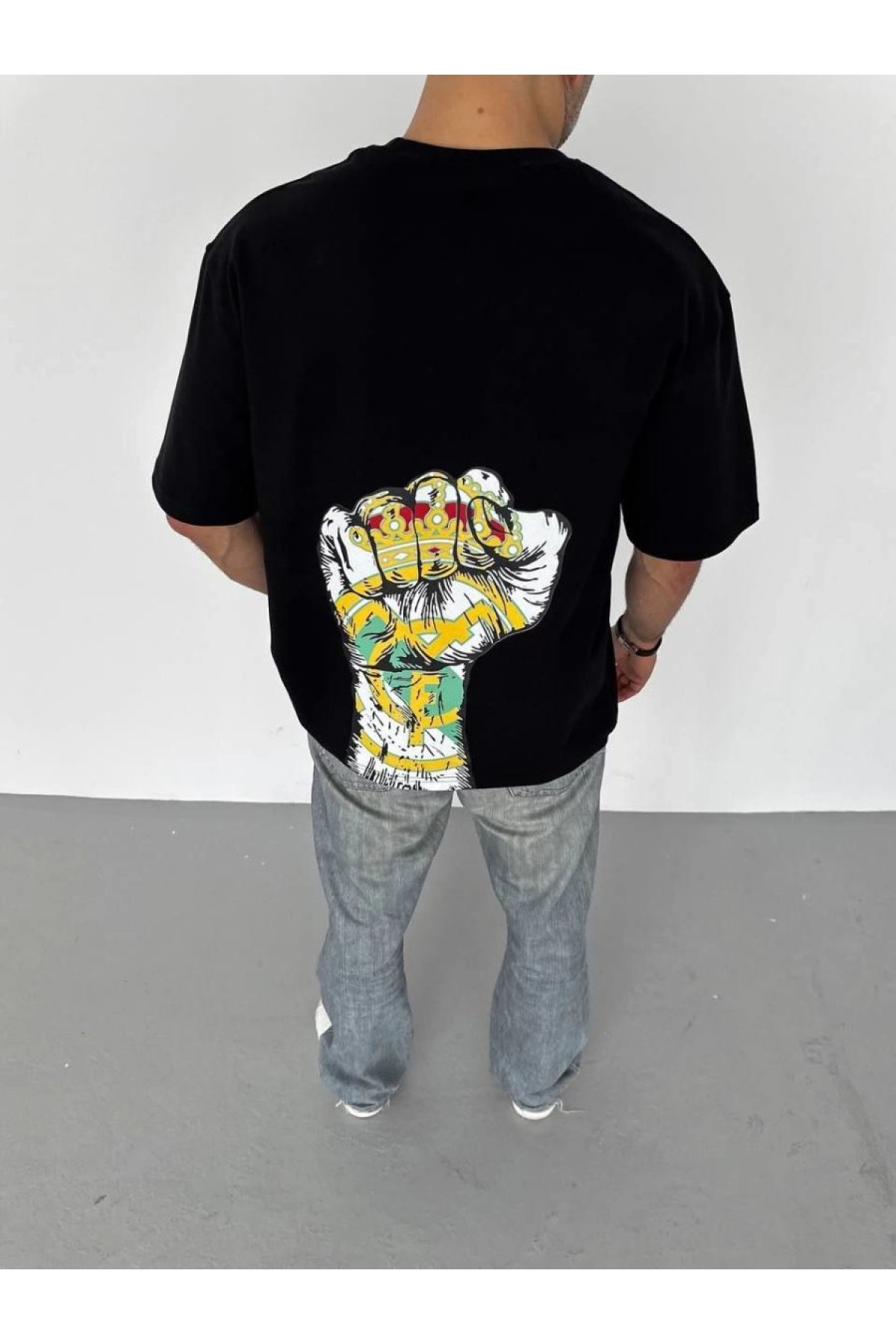 ERKEK Tişört Bisiklet Yaka Baskılı Oversize T-Shirt - Siyah