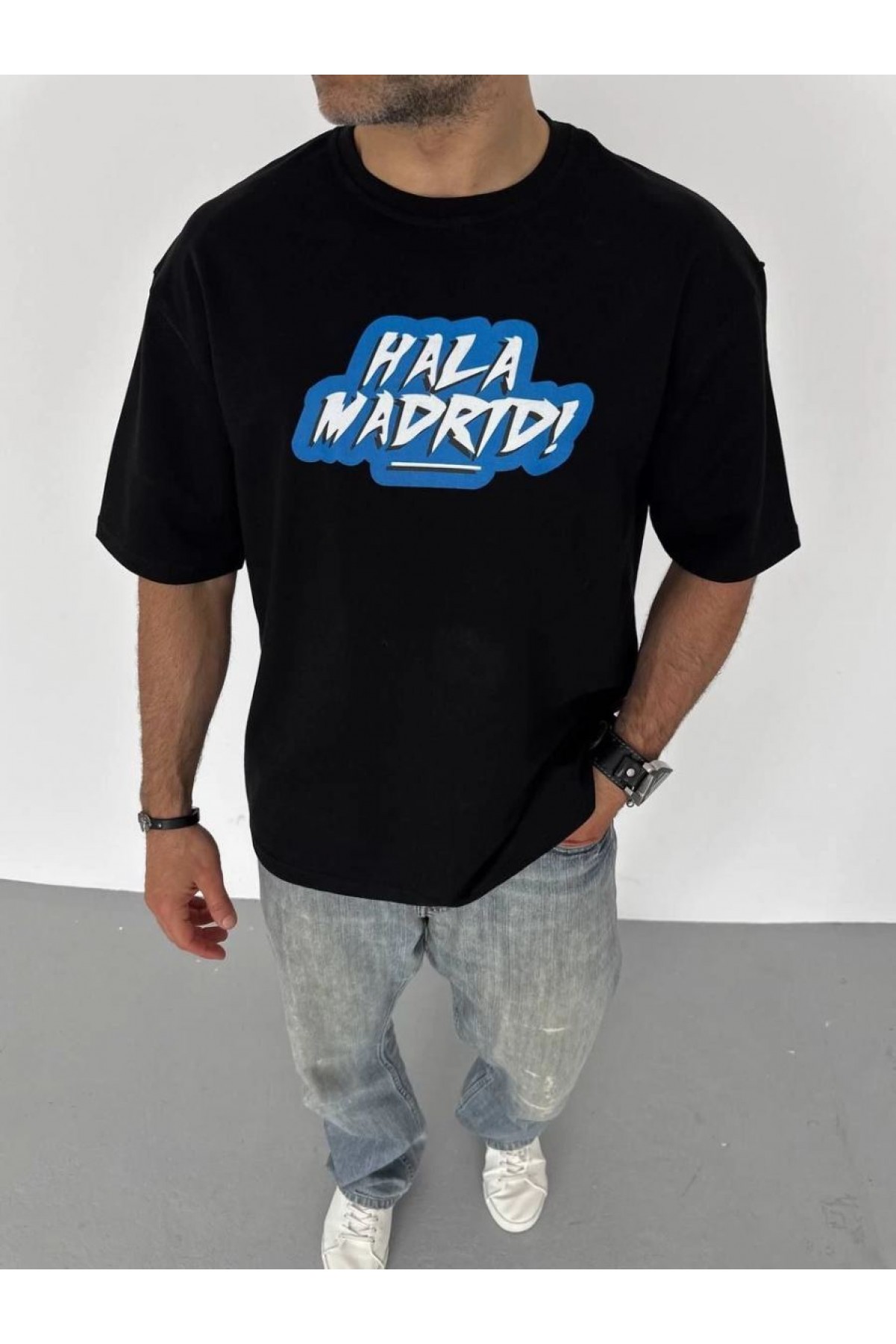 ERKEK Tişört Bisiklet Yaka Baskılı Oversize T-Shirt - Siyah