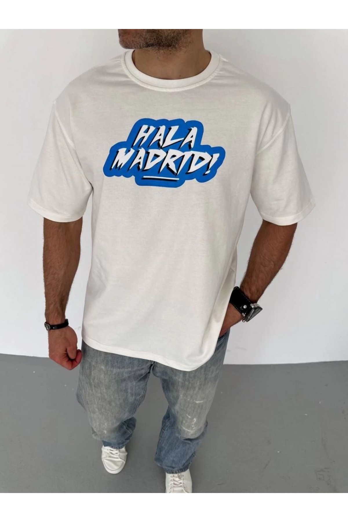 Erkek Kısa Kol Yazlık Tişört Bisiklet Yaka Baskılı Oversize T-Shirt - Beyaz